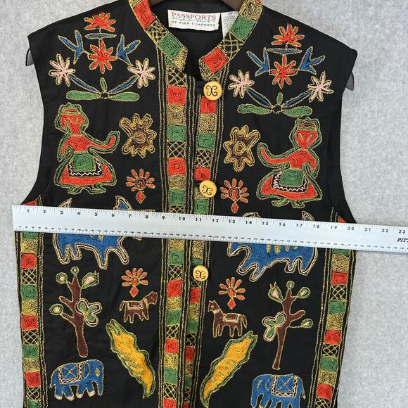 Vintage Passports Of Pier 1 Imports Vest Size M Black Embroidered Button Front - Picture 8 of 10